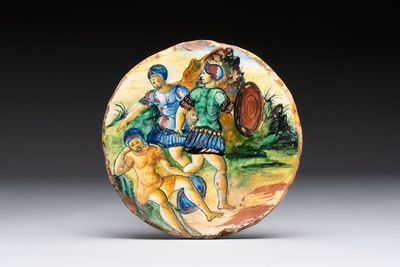 A rare indistinctly signed and dated lustre-glazed Italian maiolica plaque, workshop of Maestro Giorgio Andreoli, Gubbio, 1st half 16th C.