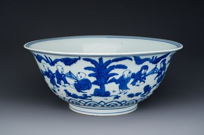 A rare large Chinese blue and white '100 boys' bowl, Jiajing mark and of the period
