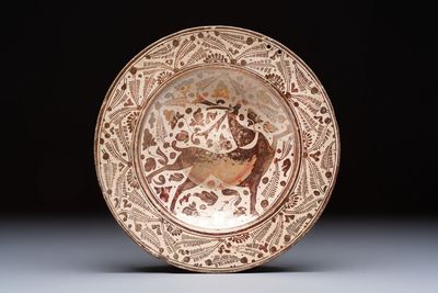 A rare large Hispano-Moresque lustre-glazed 'Stag' dish, Spain, 17th C.