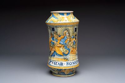 A rare massive Italian maiolica albarello with the arms of Boerio, Angelo and Ludovico Picchi workshop, Casteldurante, ca. 1562-1563