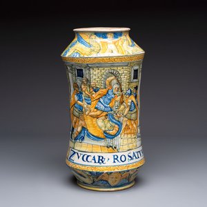 A rare massive Italian maiolica albarello with the arms of Boerio, Angelo and Ludovico Picchi workshop, Casteldurante, ca. 1562-1563 — 照片 1