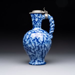 A rare Nevers pewter-mounted white-splashed blue-ground 'à la bougie' ewer with rope twist handle, France, late 17th C. — photo 1