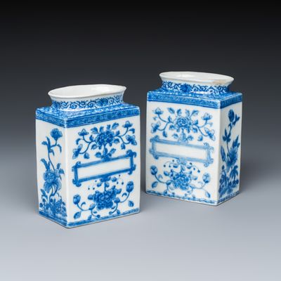 A rare pair of Chinese export blue and white soft-paste rectangular canisters, Qianlong