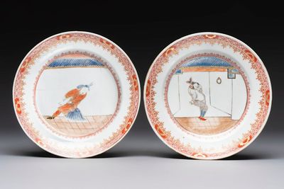 A rare pair of Chinese polychrome 'Commedia dell’arte' 'South Sea Bubble' plates, Yongzheng, ca. 1725