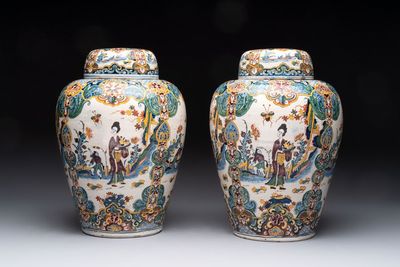 A rare pair of polychrome Dutch Delft chinoiserie jars and covers, 18th C.