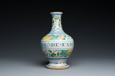 A rare polychrome Antwerp maiolica pharmacy bottle inscribed AQ DE ENDIV, middle of the 16th C.
