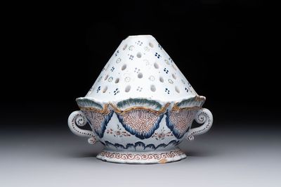 A rare polychrome Brussels faience wall vase, 18th C.