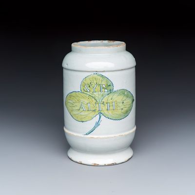 A rare polychrome Dutch Delft albarello-type apothecary jar inscribed 'SYB ALTH', 18th C.