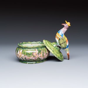 A rare polychrome Dutch Delft butter tub with a crowned bird — photo 2