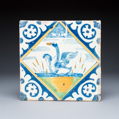 A rare polychrome Dutch Delft maiolica 'diamond' tile with a swan, ca. 1600