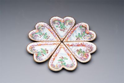 A rare polychrome Dutch Delft petit feu six-piece sweetmeat set, 18th C.