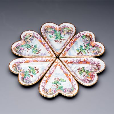 A rare polychrome Dutch Delft petit feu six-piece sweetmeat set, ca. 1740