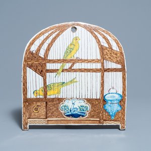 A rare polychrome Dutch Delft trompe l'oeil plaque with two canaries in a birdcage, 18th C. — photo 1