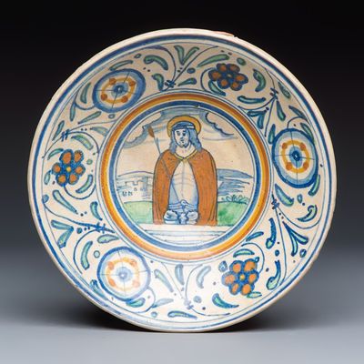 A rare polychrome maiolica dish with 'Christ as the Man of Sorrows', Antwerp, ca. 1540-1550