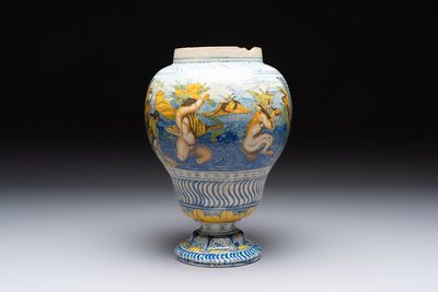 A rare polychrome Nevers earthenware baluster vase with tritons and satyrs, 2nd half 17th C.