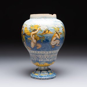 A rare polychrome Nevers earthenware baluster vase with tritons and satyrs, 2nd half 17th C. — photo 1