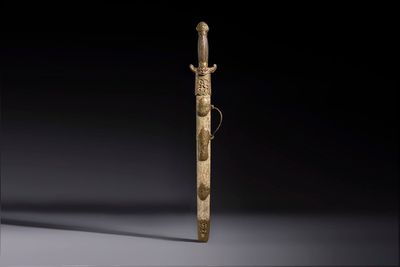 A rare set of Chinese double swords and scabbard, ‘Shuangjian’, Longquan mark, 19th C.