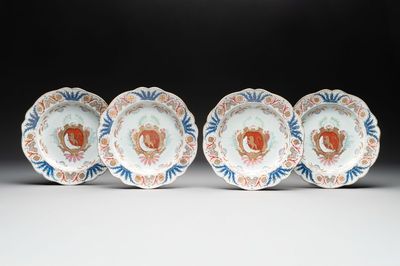 A rare set of four Chinese famille rose armorial dishes with the arms of Orry for the French market, Yongzheng, ca. 1730