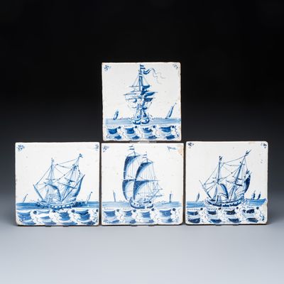 A rare set of four large blue and white Dutch Delft 'Ship' tiles, 17th C.