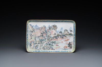 A rectangular Chinese Canton enamel 'mountain landscape' tray, Yongzheng