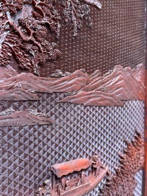 A rectangular Chinese carved red lacquer 'dragon' table screen, later wooden stand, Qianlong — photo 21