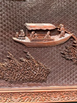 A rectangular Chinese carved red lacquer 'dragon' table screen, later wooden stand, Qianlong — photo 25