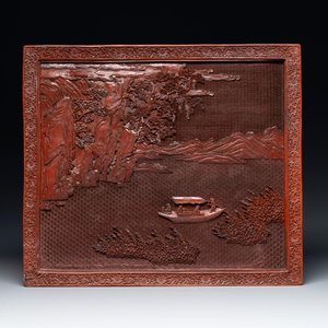 A rectangular Chinese carved red lacquer 'dragon' table screen, later wooden stand, Qianlong — photo 11