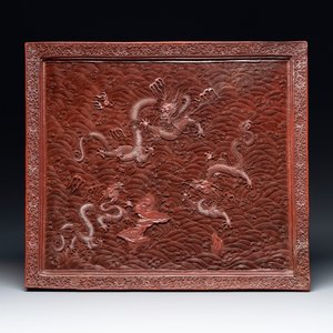 A rectangular Chinese carved red lacquer 'dragon' table screen, later wooden stand, Qianlong — photo 10