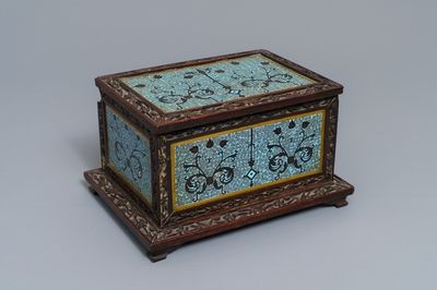 A rectangular Chinese cloisonné and wood box, 19th C.