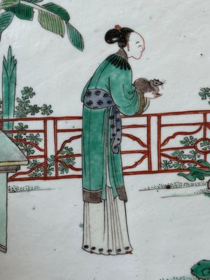 A rectangular Chinese famille verte plaque in a wooden faux bamboo frame, Kangxi — photo 3