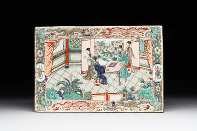 A rectangular Chinese famille verte tile with two-sided design, Kangxi