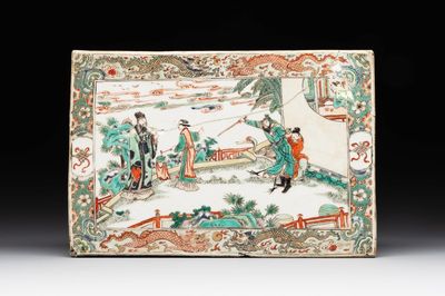 A rectangular Chinese famille verte tile with two-sided design, Kangxi