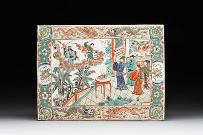 A rectangular Chinese famille verte tile with two-sided design, Kangxi
