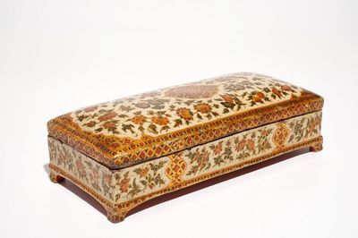 A rectangular laquered papier mache qalamdan or pen holder, Qajar, Iran, 19th C.