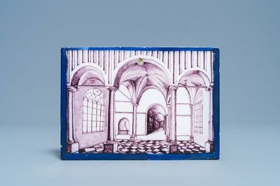 A rectangular manganese Dutch Delft 'church interior' plaque, late 18th C.