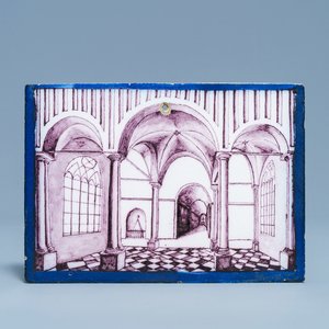 A rectangular manganese Dutch Delft 'church interior' plaque, late 18th C. — photo 1