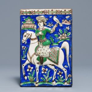 A rectangular moulded tile with a falconer, Qajar, Iran, 19th C. — 照片 1