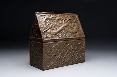 A repoussé copper and cabochon-mounted casket, attributed to Alfred Daguet, France, ca. 1900
