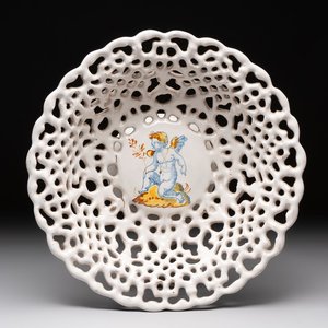 A reticulated Italian blue, white and yellow 'putto' tazza, Faenza, 17th C. — photo 1
