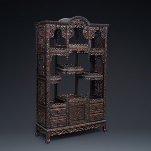 A richly carved Chinese hongmu wooden étagère cupboard, Canton, 19th C. — 照片 1