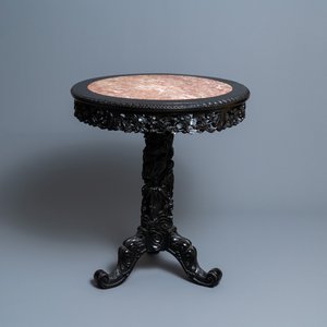 A round Chinese carved wooden marble top table, 19th C. — 照片 1