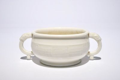 A round Chinese Dehua blanc de Chine censer with moulded and underglaze decoration, 19th C.