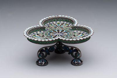 A Russian silver enamel tripod tazza, Julius Rappaport, St. Petersburg, Russia, 19/20th C.