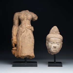 A sandstone female torso and a Buddha head, Cambodia, late Khmer period, 13/14th C. — 照片 1