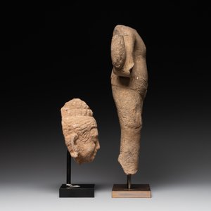 A sandstone torso and a Buddha head, Cambodia, late Khmer period, 13/14th C. — photo 4