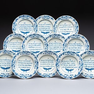 A set of 12 blue and white Dutch Delft 'Proverb' plates, 18th C. — photo 1