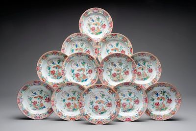 A set of 12 Chinese famille rose plates with squirrels among grapes and peonies, Qianlong