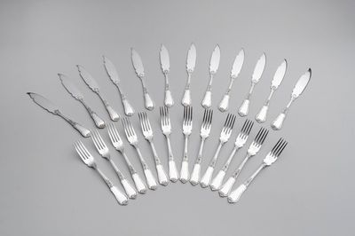 A set of 12 silver fish knives and twelve fish forks, 835/000, Wolfers Frères, Brussels, 20th C.