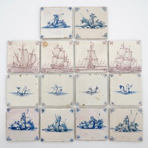 A set of 14 antique blue, white and manganese Delft tiles, 17/19th C. — 照片 1