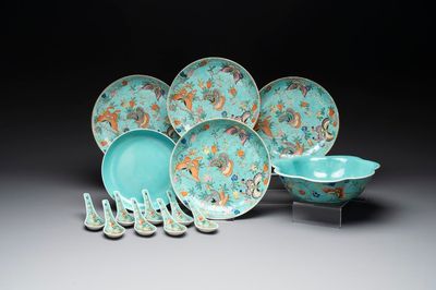 A set of 14 Chinese turquoise-ground famille rose dinner service, Qianglong mark, 19th C.